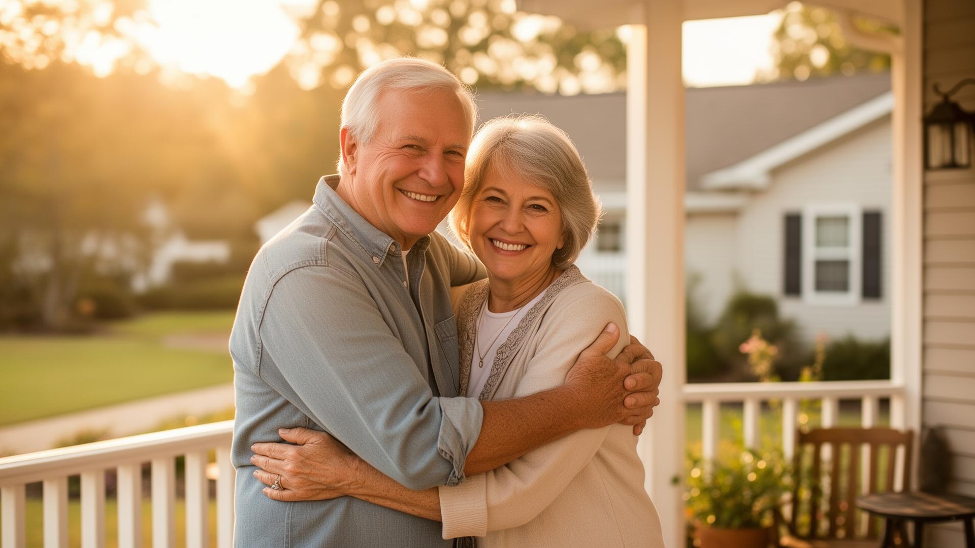 A happy senior couple smiling together on their porch